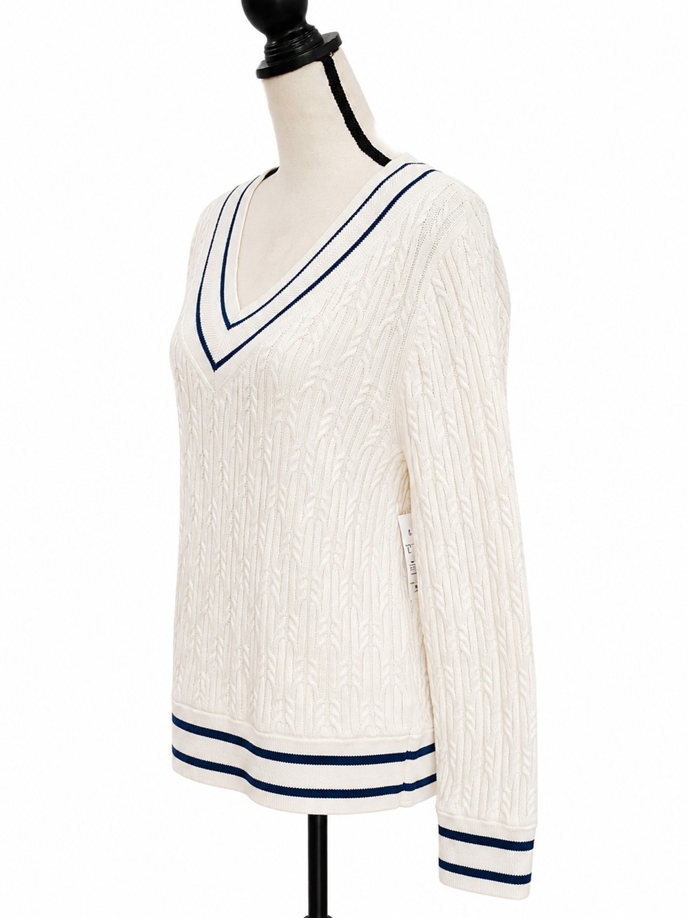 Etcetera Cream V-Neck Cable Sweater with Navy Trim - Picture 3 of 4